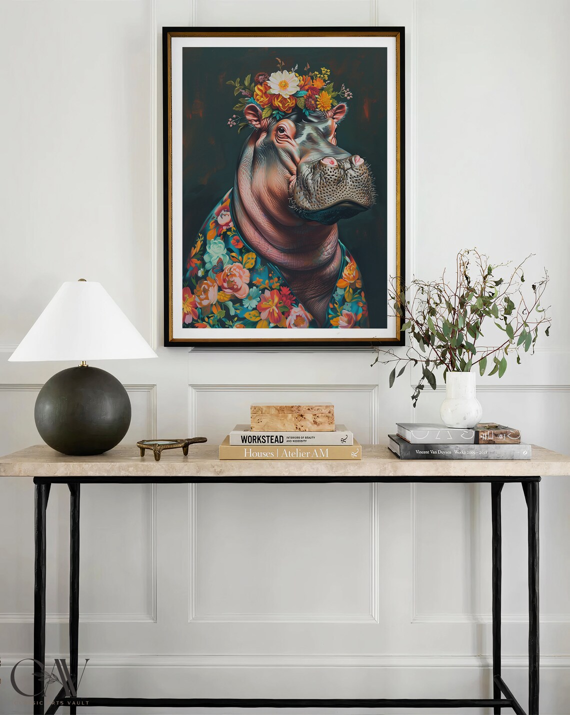 Hippo with Flower Crown in Vibrant Floral Robe Dark Botanical Portrait Poster - Image 4