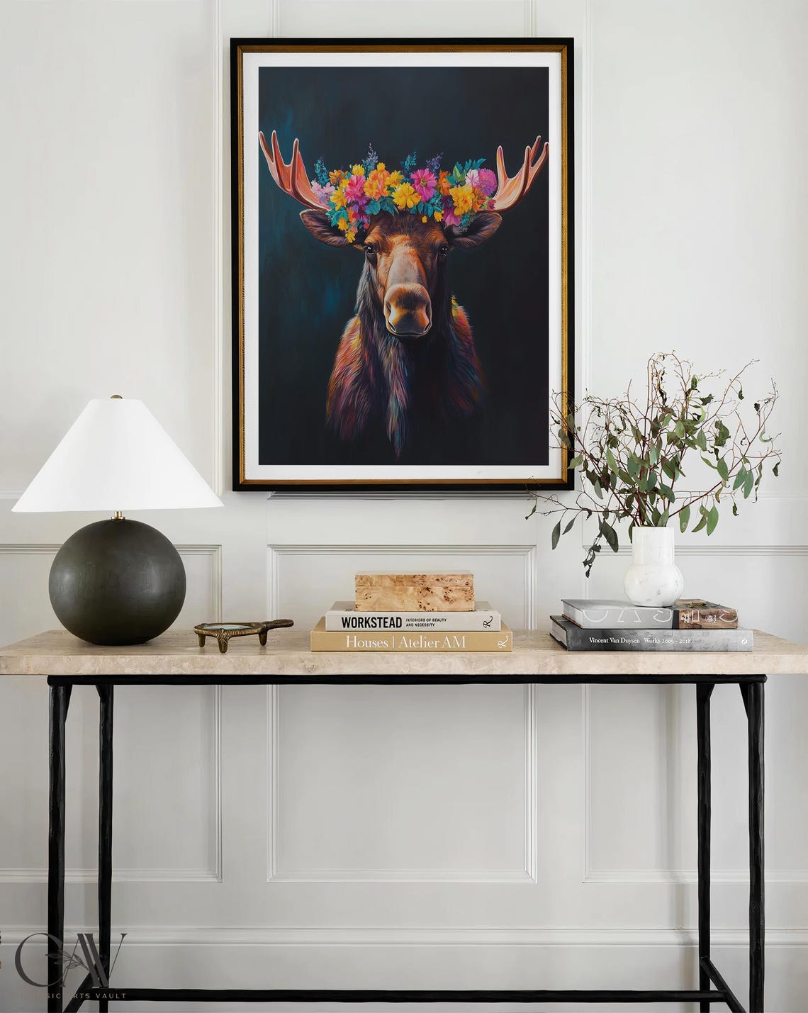 Moose With Colorful Flower Crown on Dark Teal Portrait Poster - Image 4