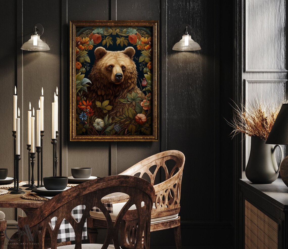Brown Bear Portrait Framed by Autumn Flowers on Navy Art Print