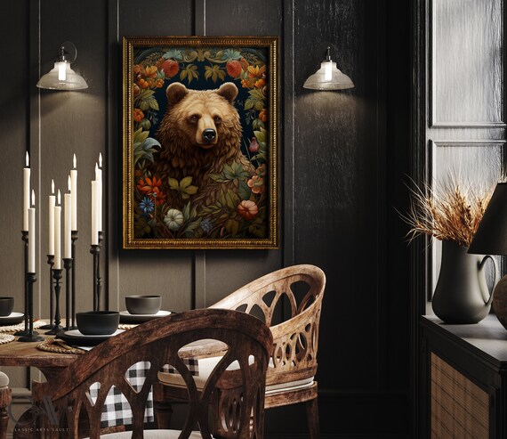 Brown Bear Portrait Framed by Autumn Flowers on Navy Art Print