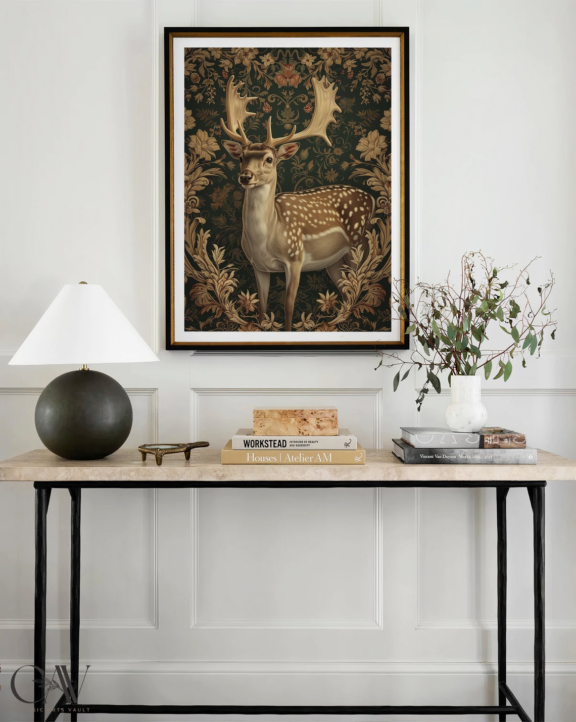 Fallow Deer Stag with Grand Antlers Dark Floral Tapestry Poster - Image 4