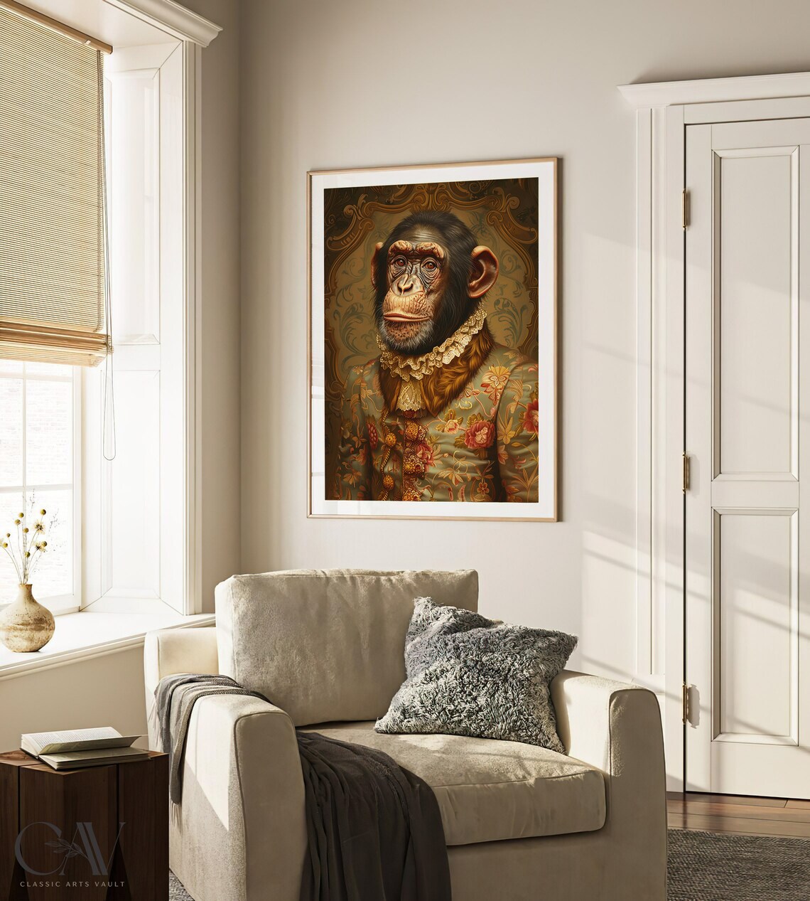 Chimpanzee in Floral Brocade Coat with Ruffle Collar Baroque Portrait Poster - Image 4