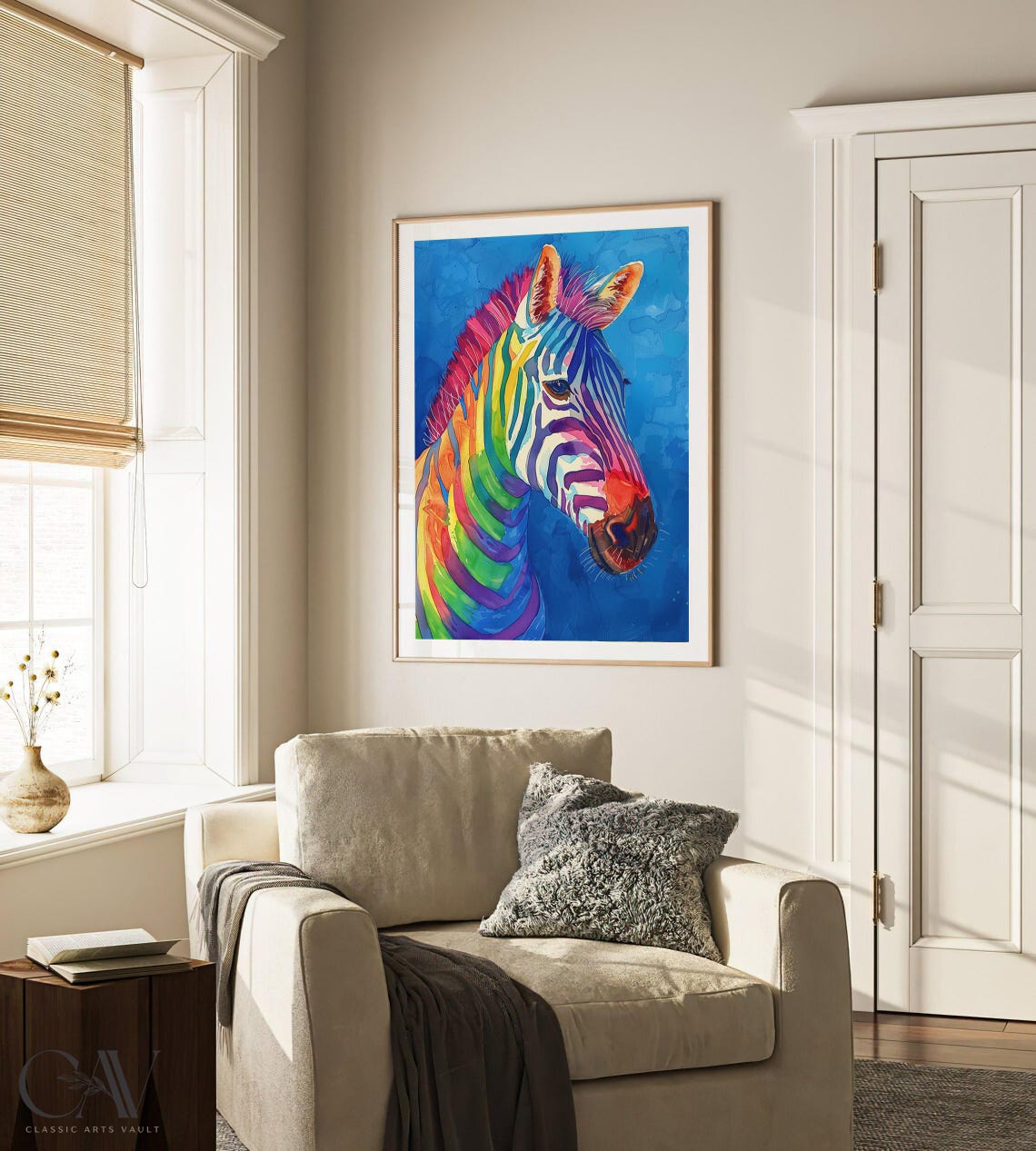 Rainbow Zebra Head Portrait Blue Watercolor Background Poster - Image 3