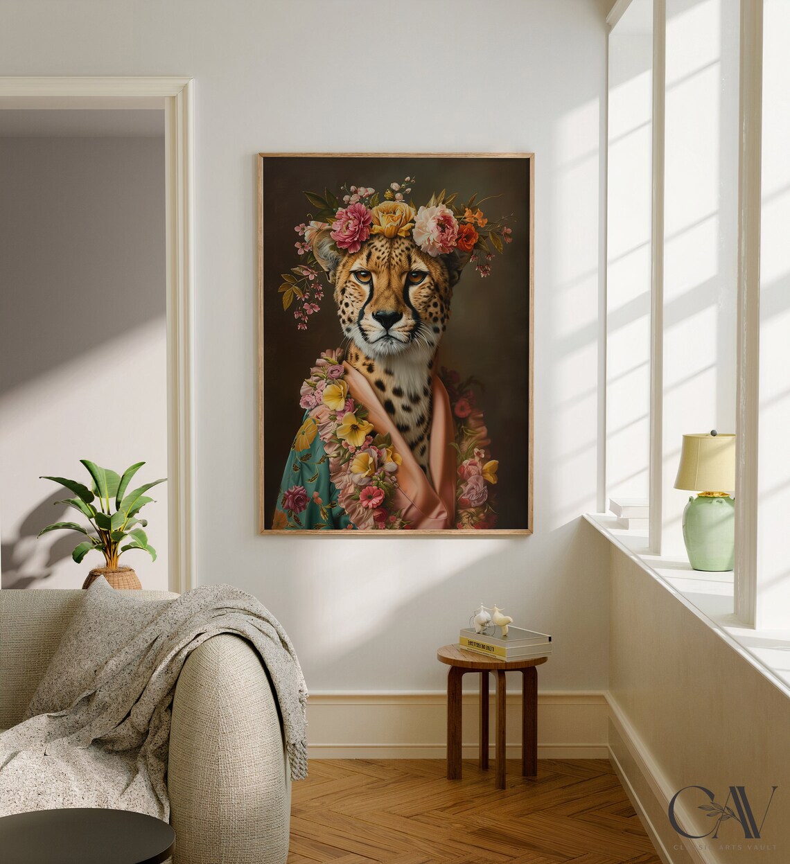 Cheetah Flower Crown Oil Painting Maximalist Animal Wall Art - Image 3