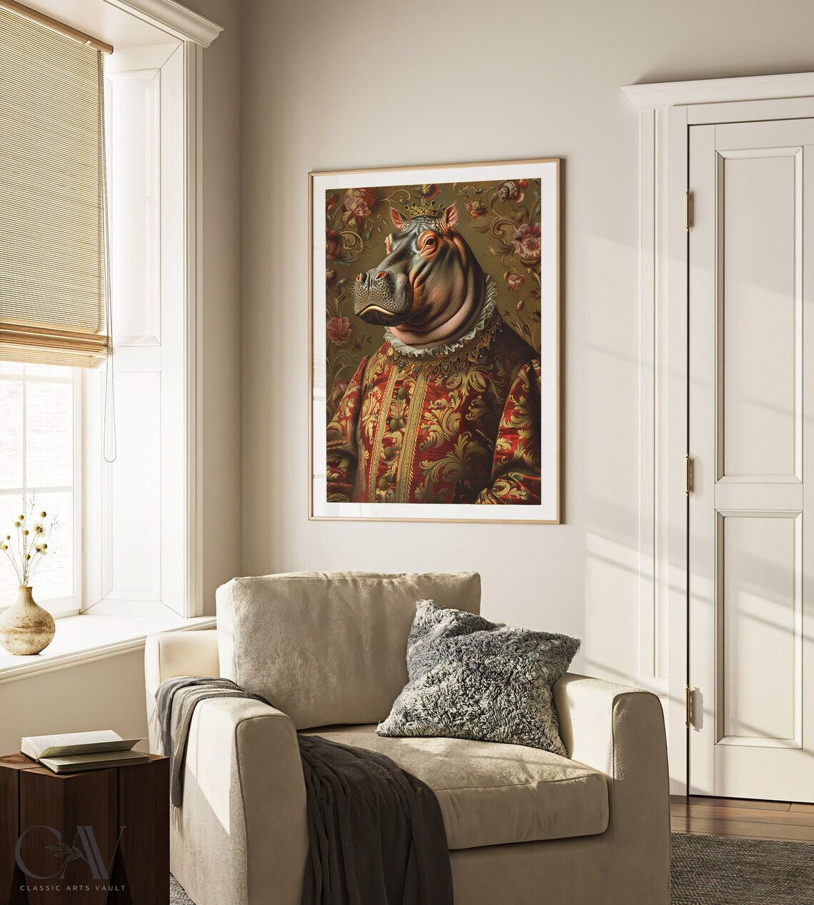 Crowned Hippo King Renaissance Portrait Red Brocade Animal Poster - Image 3