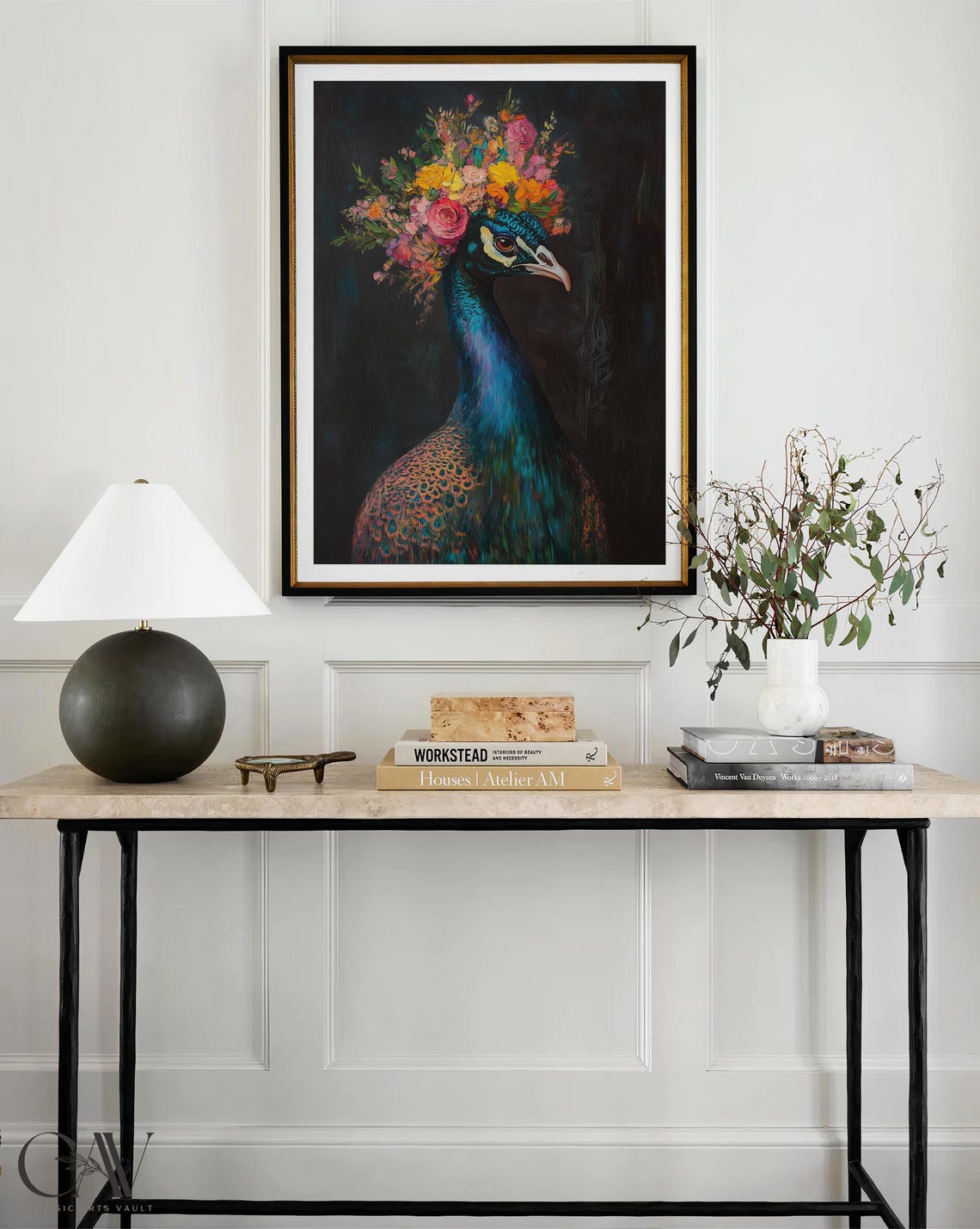 Iridescent Peacock Head With Flower Crown on Deep Teal Art Poster - Image 3