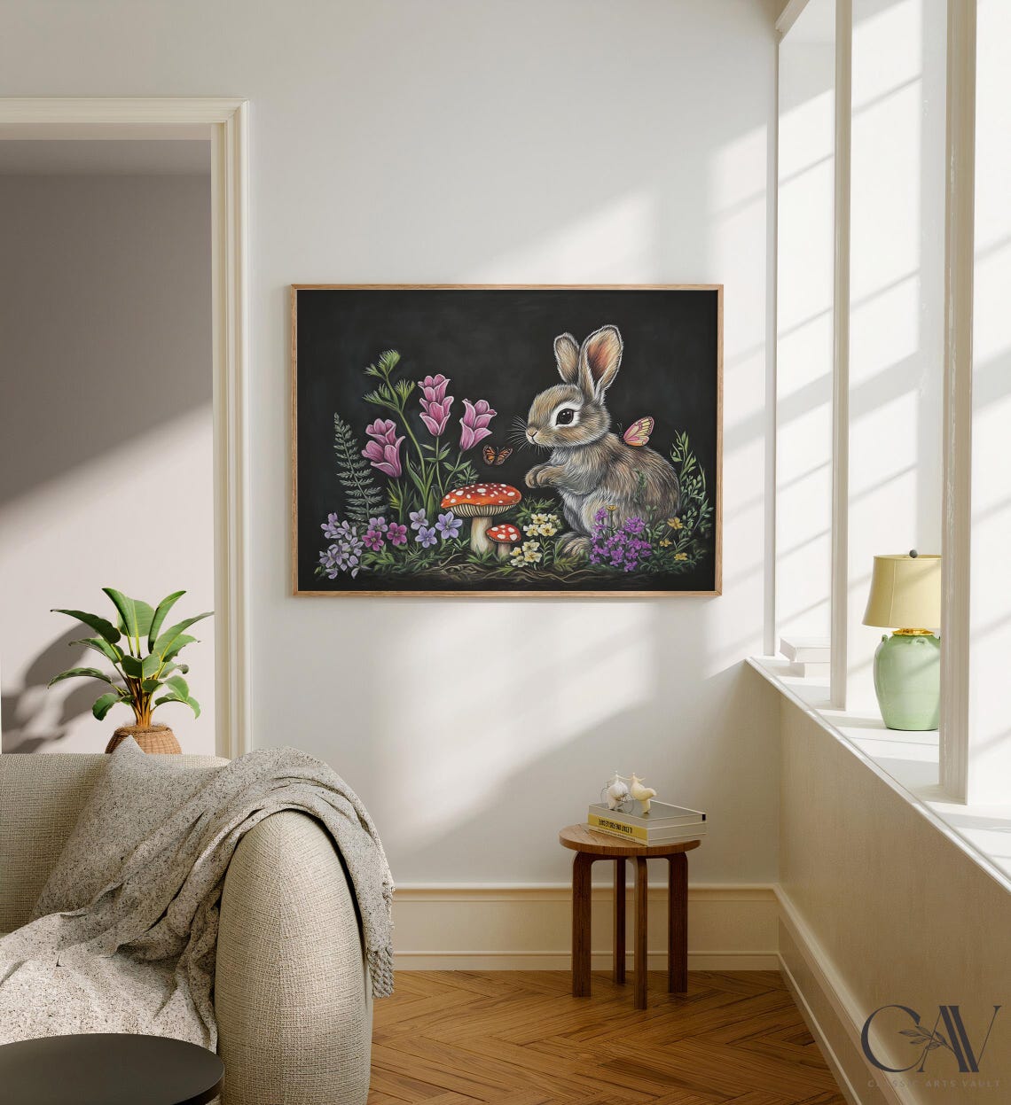 Bunny Rabbit with Butterflies Wildflowers Mushrooms on Black Poster - Image 3