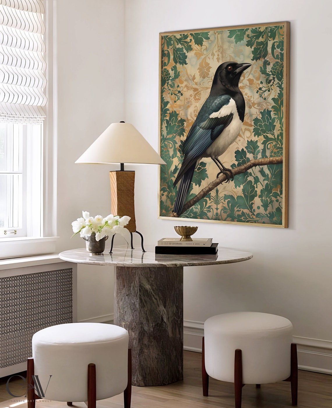 Magpie Bird Perched Among Green Foliage Vintage Botanical Poster - Image 3