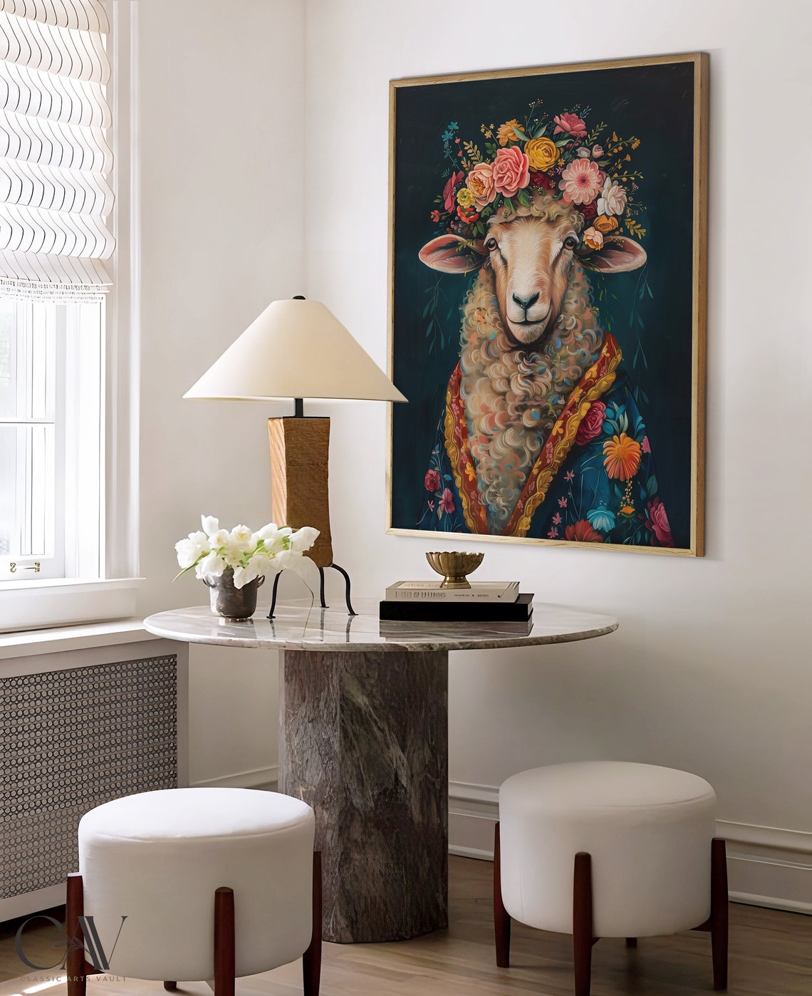 Sheep Flower Crown Maximalist Eclectic Floral Portrait Poster - Image 4