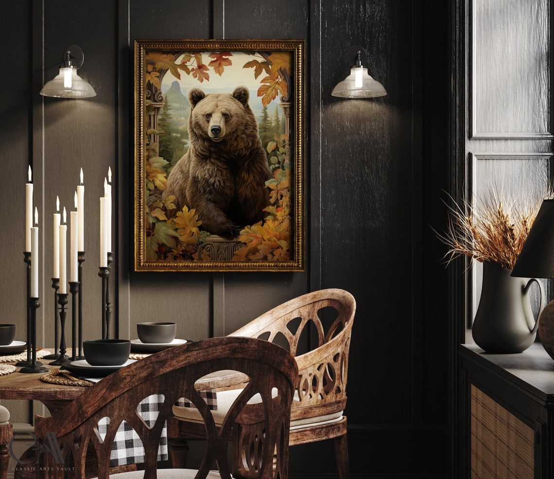 Brown Bear On Stone Balcony With Mountain Forest View Poster - Image 5