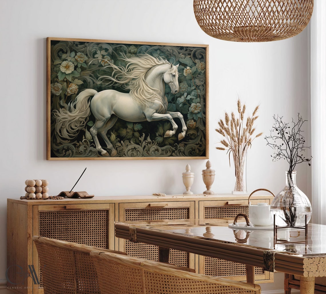 Galloping White Horse In Dark Floral Meadow Equestrian Poster