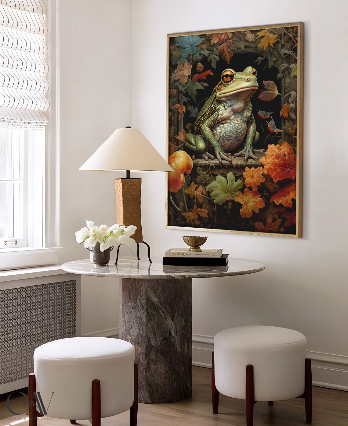 Green Frog On Carved Ledge In Autumn Leaf Frame Vintage Poster - Image 4