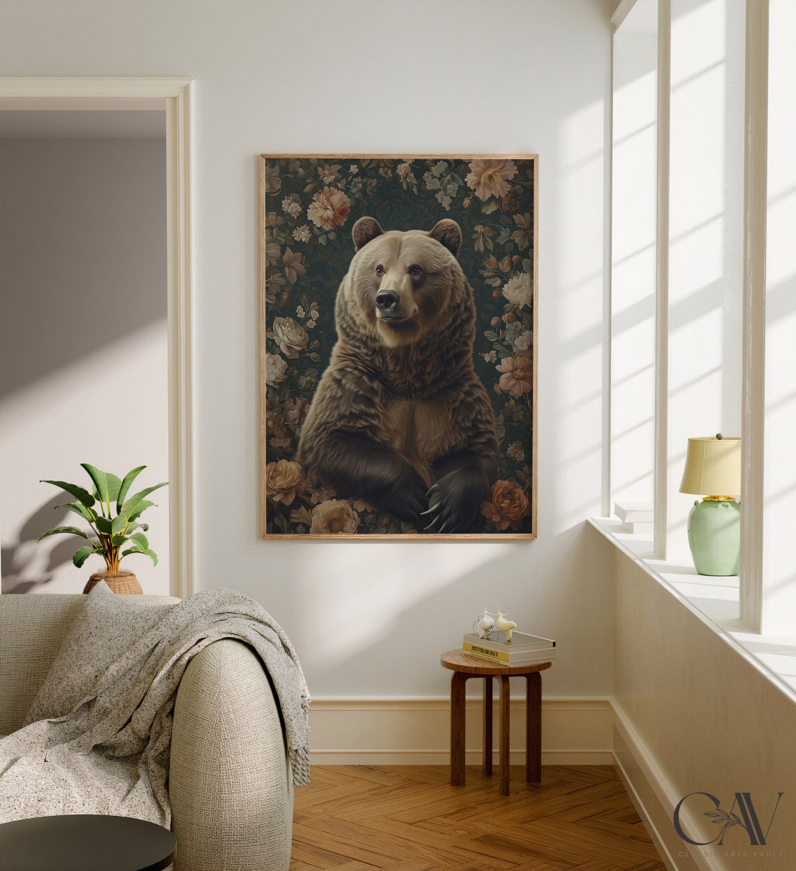 Brown Bear Seated Blush Floral Dark Botanical Vintage Poster - Image 2