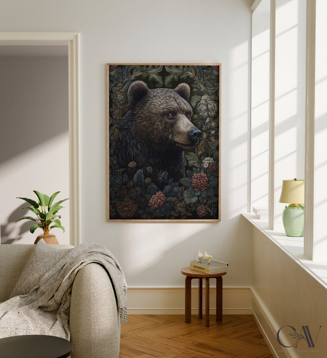 Majestic Brown Bear Among Dark Floral Tapestry Forest Poster - Image 2