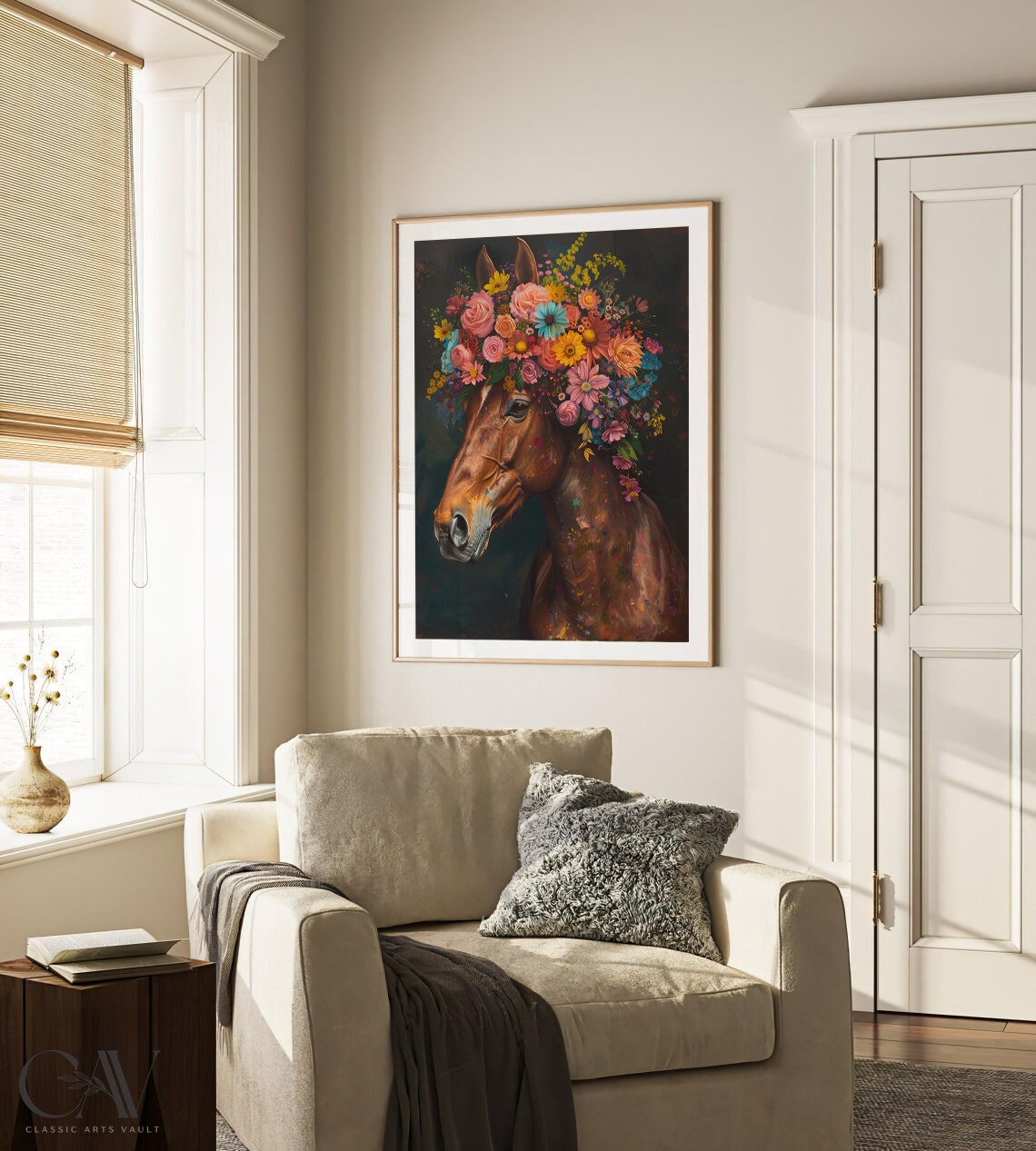 Chestnut Horse Portrait Wearing Colorful Flower Crown Poster - Image 3