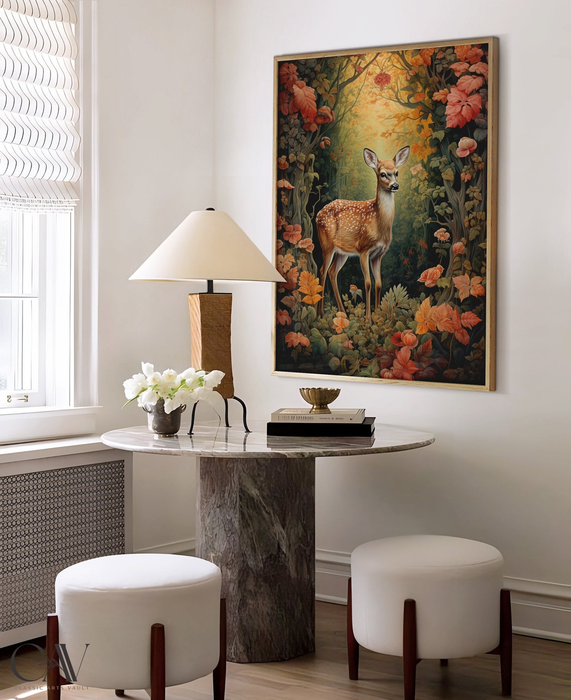 Fawn in Autumn Floral Forest Arch with Warm Golden Light Poster - Image 3