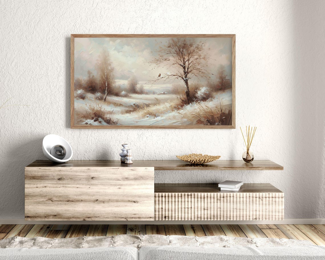 Little Bird Branch Soft Winter Landscape Brown White Rustic Art Poster - Image 2