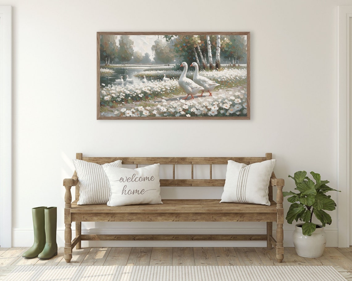 White Geese Among Daisies By Pond Impressionist Country Scene Poster - Image 3