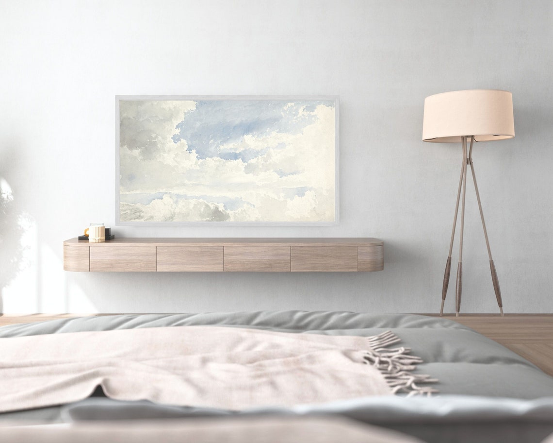 Soft Blue White Watercolor Clouds Minimalist Sky Landscape Art Print - Image 2