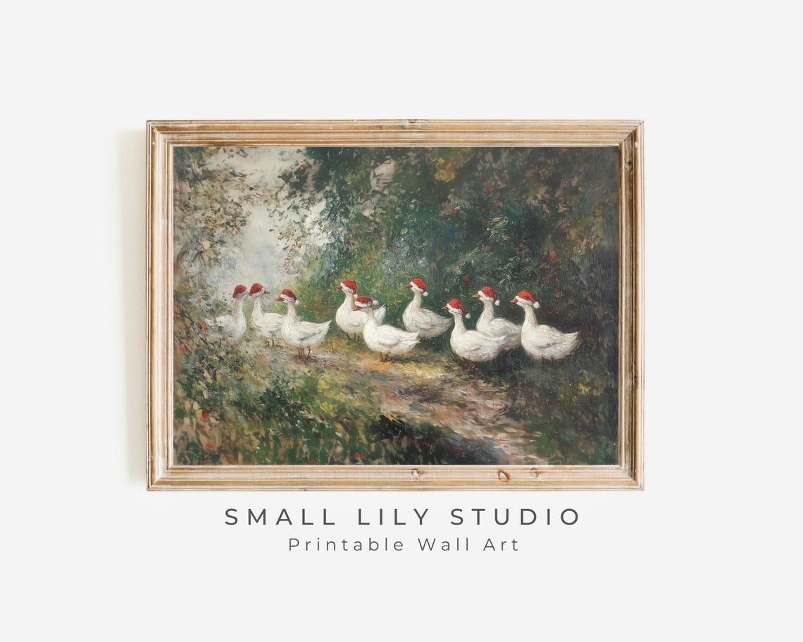 Geese In Santa Hats Print Farmhouse Christmas Holidays Wall Art Cute Farm Animals Vintage Style Painting Birds P117 - Image 2