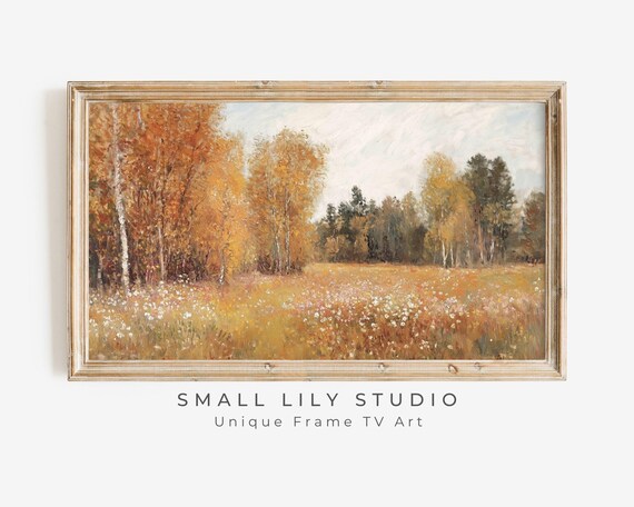 Autumn Wildflower Meadow With Orange Birch Trees Vintage Poster