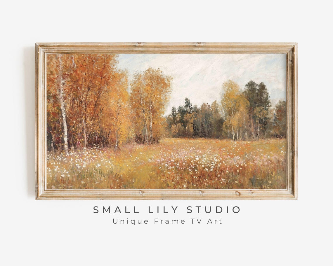 Autumn Wildflower Meadow With Orange Birch Trees Vintage Poster