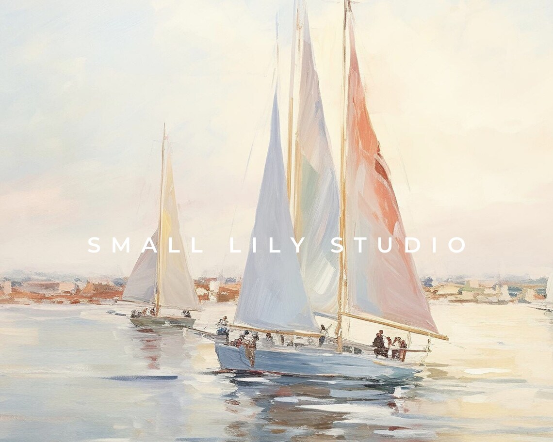 Sailboats On Calm Water Vintage Style Coastal Boats Sailing Painting Poster - Image 4