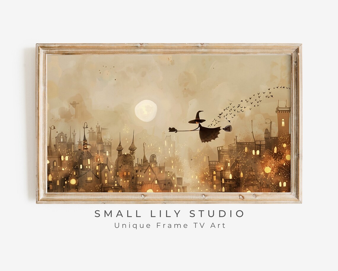 Witch and Black Cat Over Village Halloween Art Print