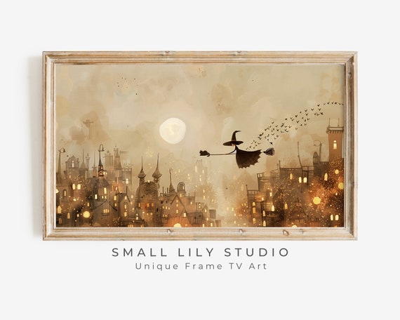 Witch and Black Cat Over Village Halloween Art Print