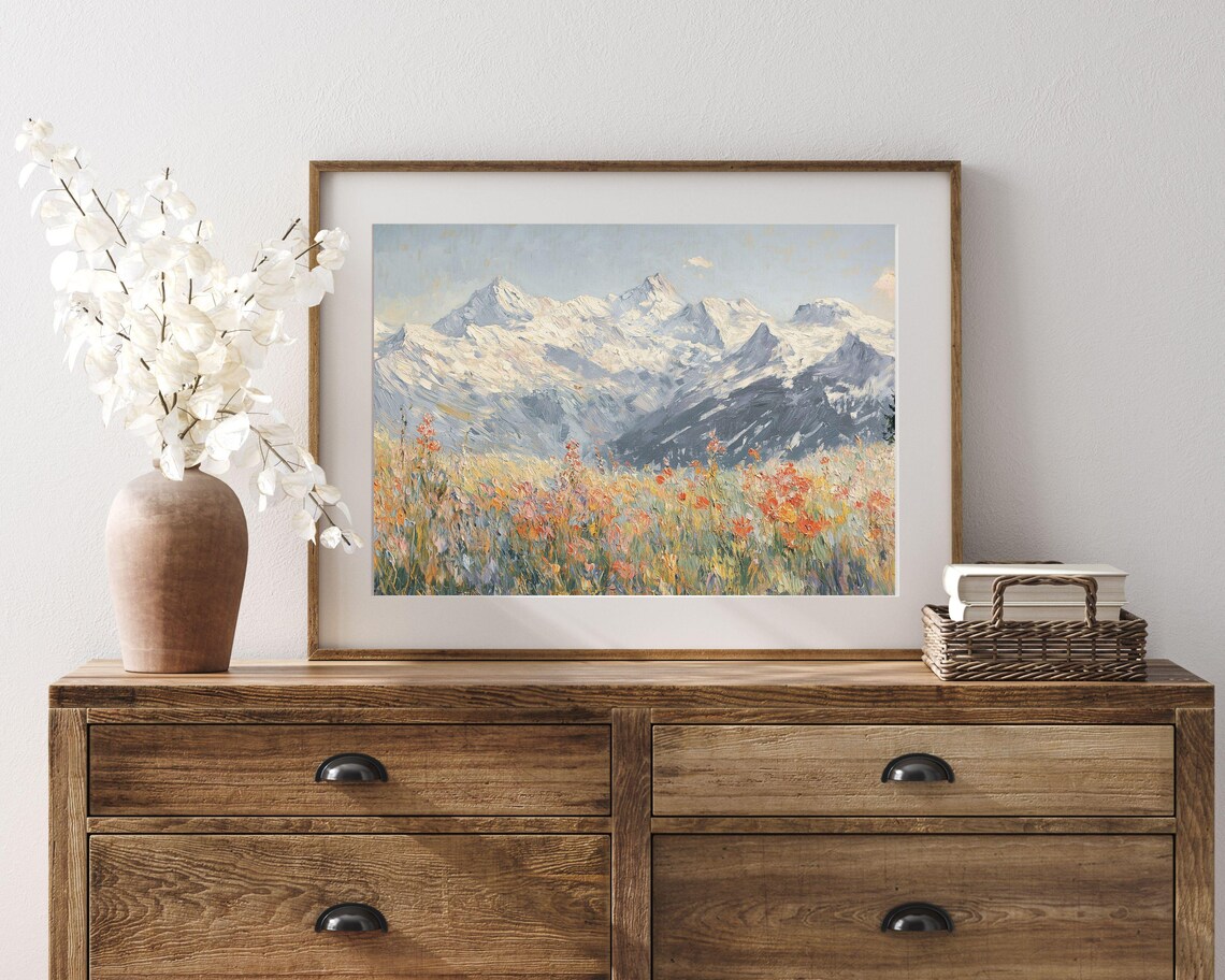 Alps Snow Peaks Wildflower Meadow Vintage Spring Landscape Painting Art Print - Image 2