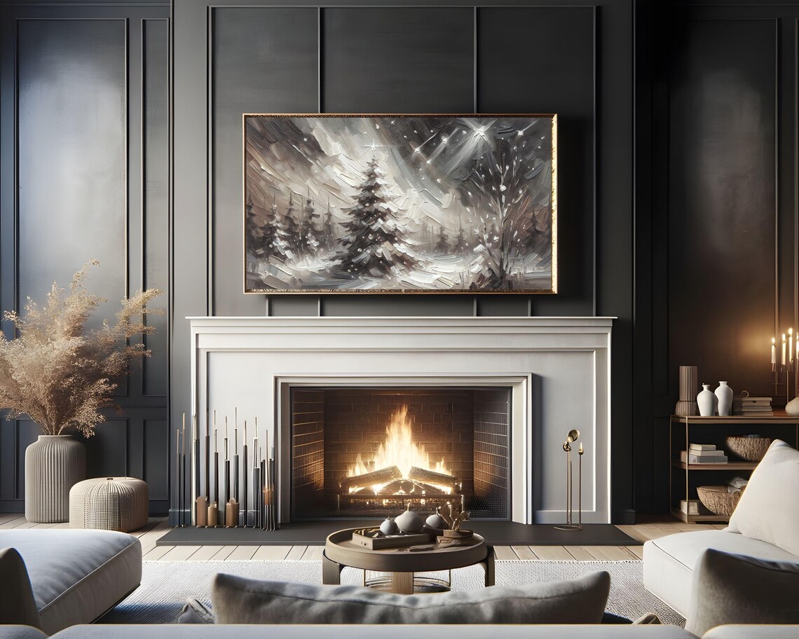 Black White Pine Tree Night Stars Snow Abstract Textured Winter Art Poster - Image 2