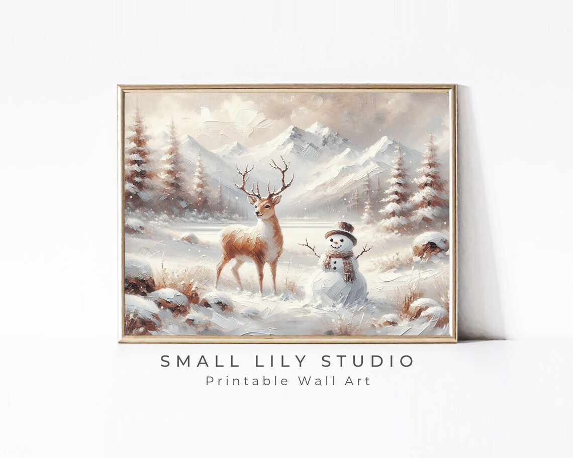 Cute Deer And Snowman Pink Winter Wonderland Kids Christmas Art Print