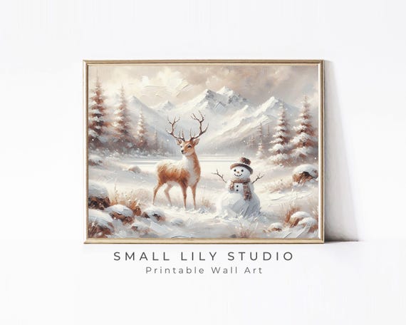 Deer And Snowman Print Cute Christmas Wall Art For Kids Room Neutral Festive Winter Landscape Painting Whimsical Picture P107