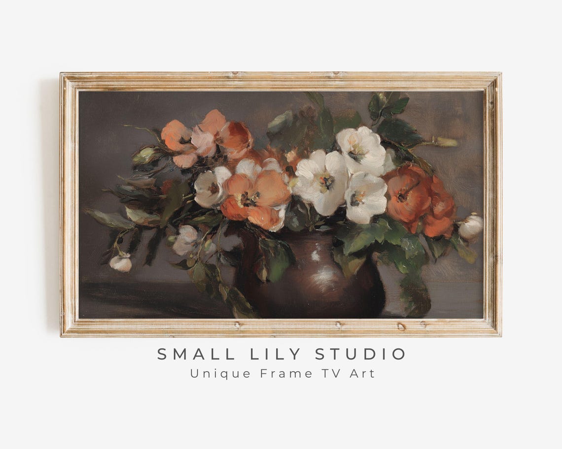 Frame Tv Art Moody Orange Flowers Still Life Dark Floral Tv Screensaver Frame Tv Art Vintage Farmhouse Painting Brown Tv133