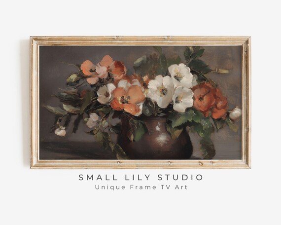 Frame Tv Art Moody Orange Flowers Still Life Dark Floral Tv Screensaver Frame Tv Art Vintage Farmhouse Painting Brown Tv133