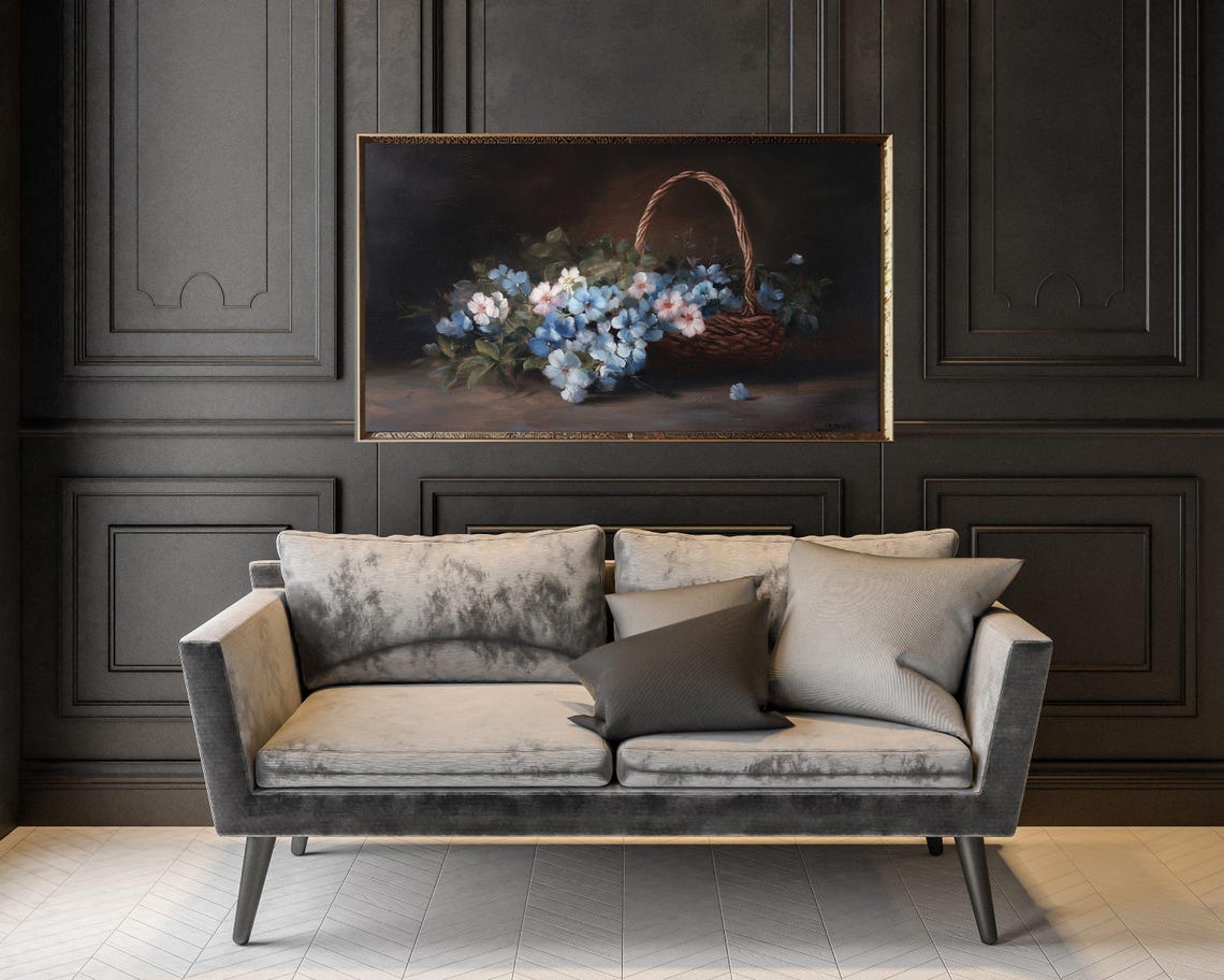Frame Tv Art Moody Blue Floral Basket Vintage Style Still Life Flowers Painting Frame Tv Art Botanical Farmhouse Artwork Tv605 - Image 2
