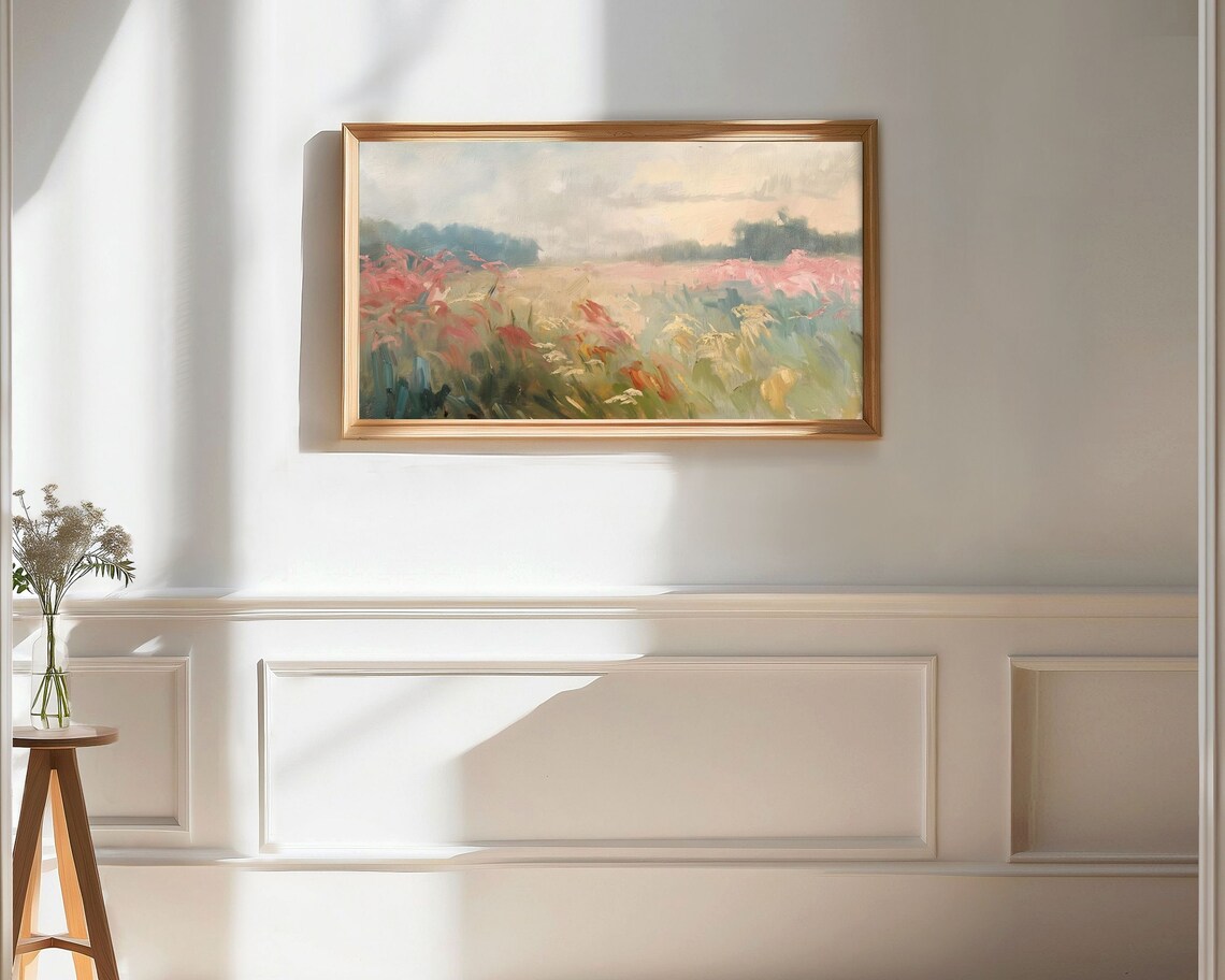 Pink Wildflower Meadow Misty Morning Vintage Landscape Art Poster - Image 3