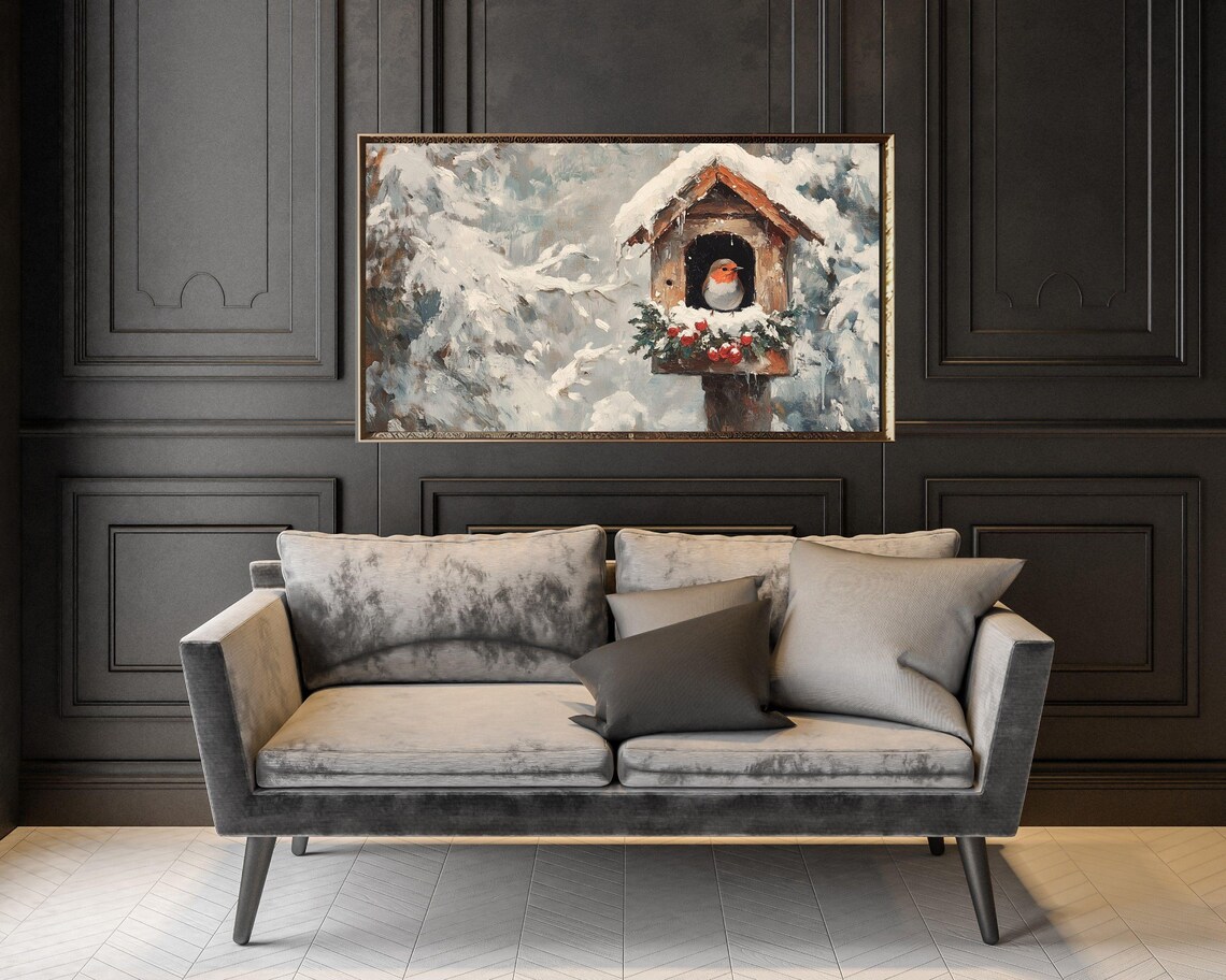 Robin in Snowy Birdhouse With Red Berries Winter Bird Vintage Poster - Image 2