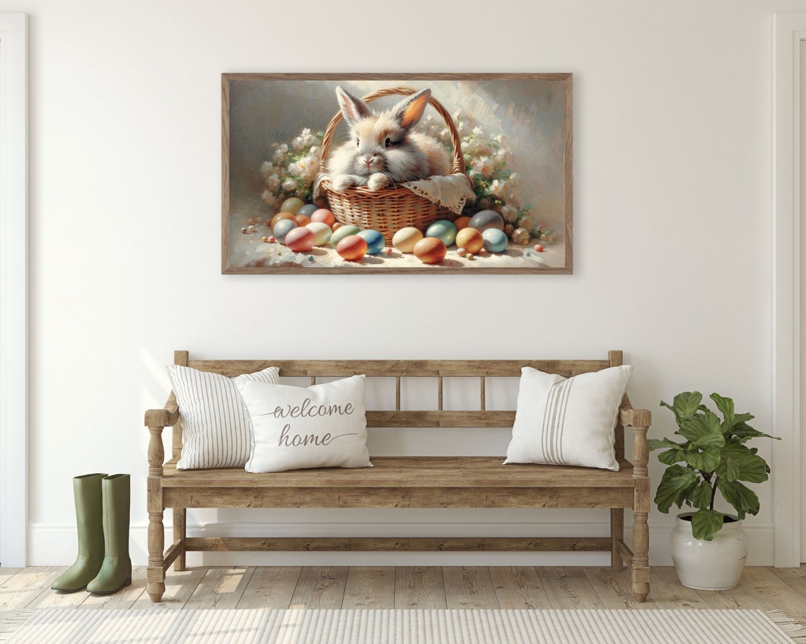 Fluffy Bunny in Wicker Easter Basket Eggs Vintage Spring Art Poster - Image 3
