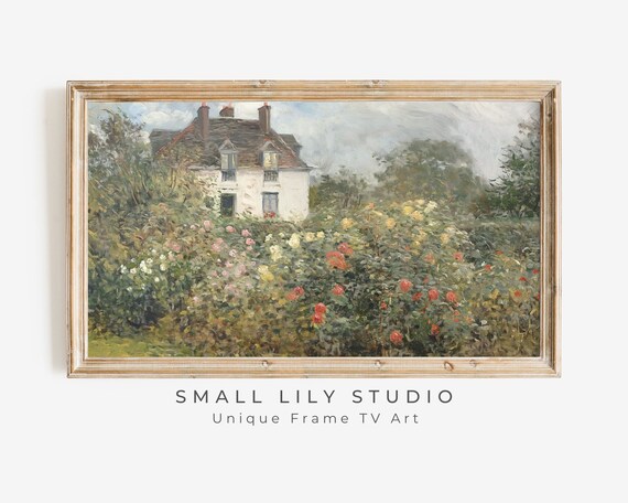 Cottage And Rose Garden Art Print, Vintage Style