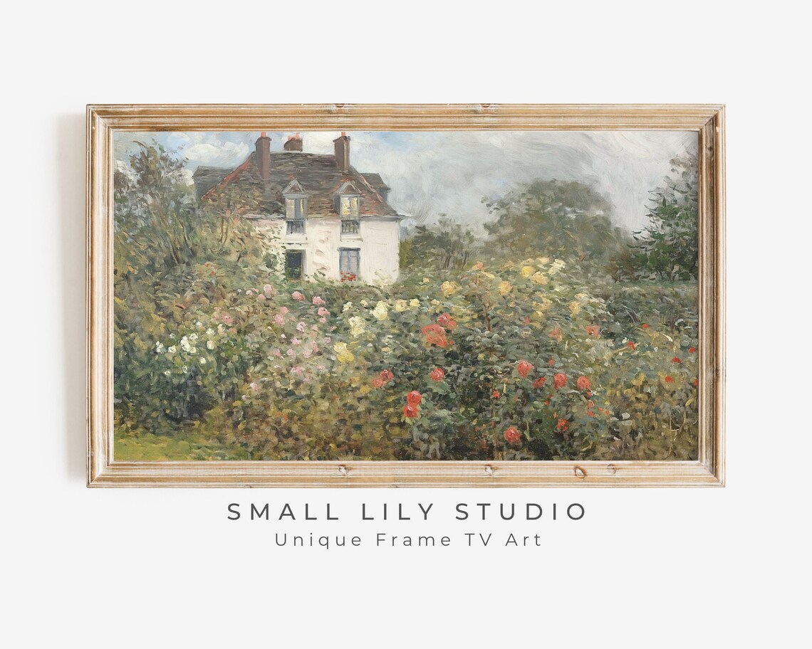 Cottage And Rose Garden Art Print, Vintage Style