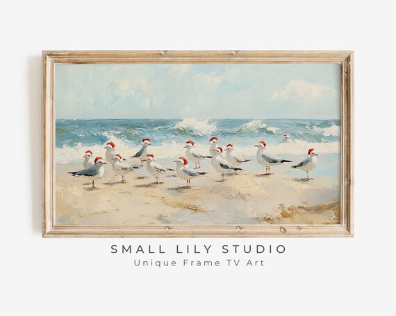 Seagulls in Santa Hats on Beach, Coastal Christmas Art Print