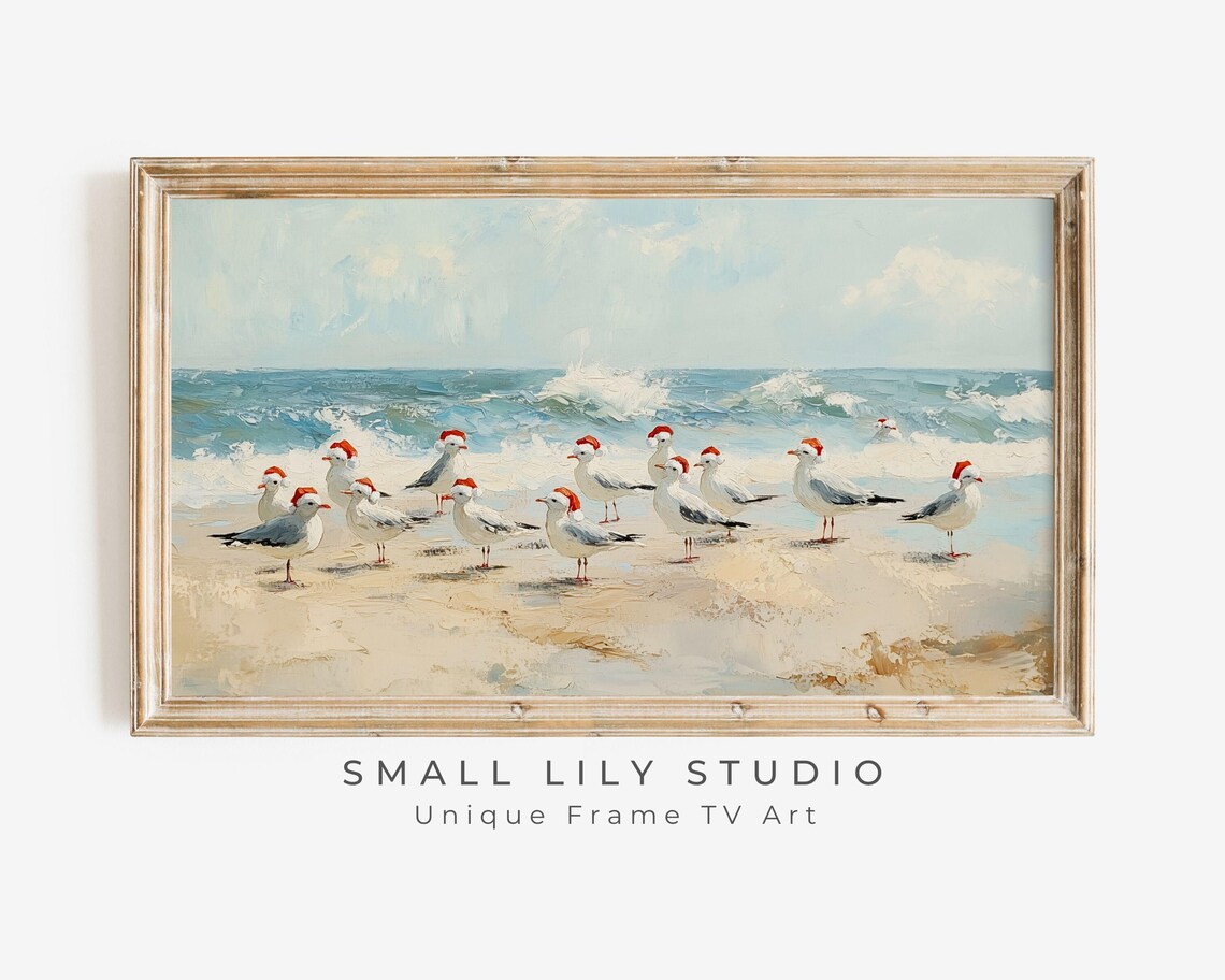 Seagulls in Santa Hats on Beach, Coastal Christmas Art Print