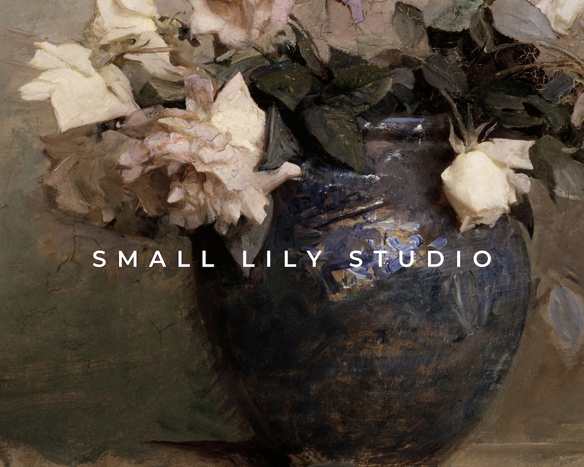 Cream Roses In Blue Vase Vintage Muted Floral Still Life Art Poster - Image 4