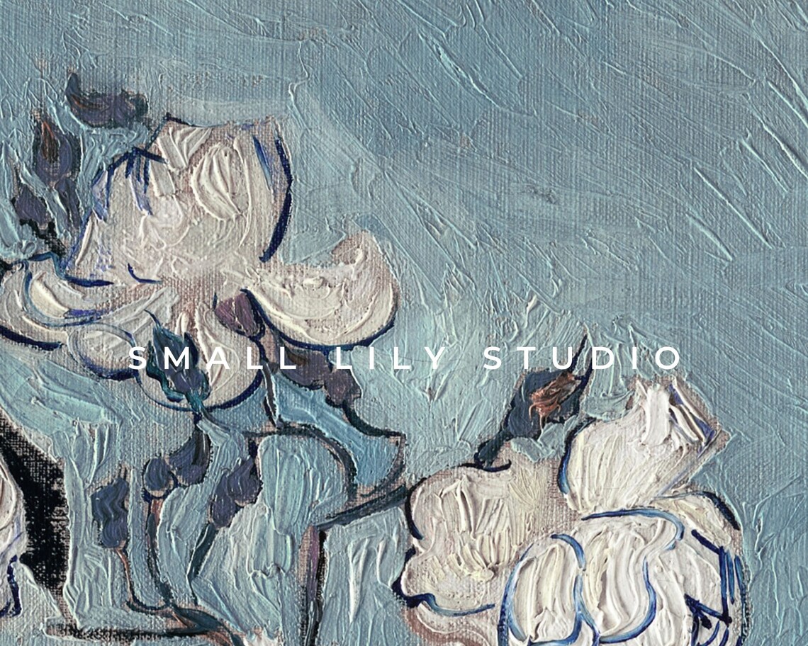 White Roses On Blue Textured Background Painterly Floral Still Life Art Poster - Image 4