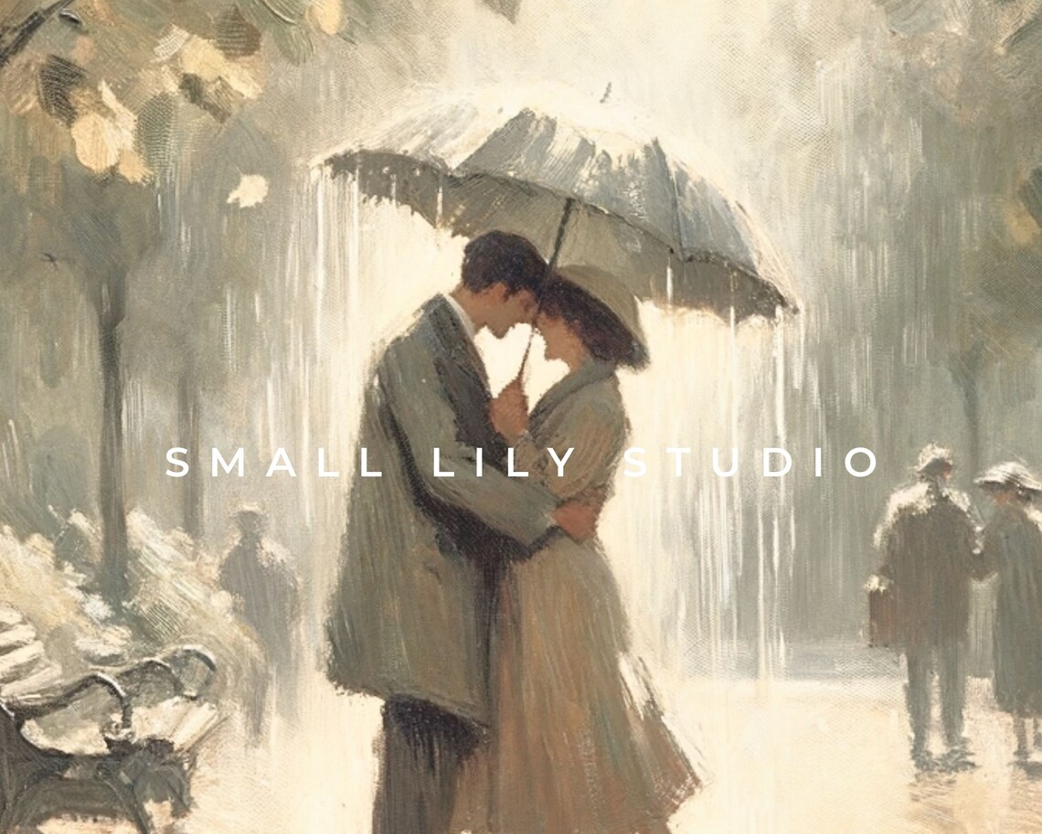 Romantic Couple Kissing in Rain Vintage Parisian Park Painting Poster - Image 4