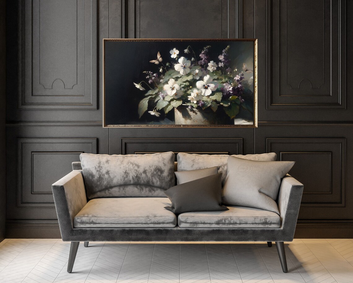 White Pansies and Violets Moody Dark Floral Vintage Painting Poster - Image 2