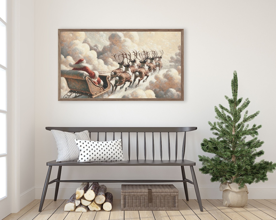 Santa And Reindeer Flying Sleigh Christmas Poster - Image 2