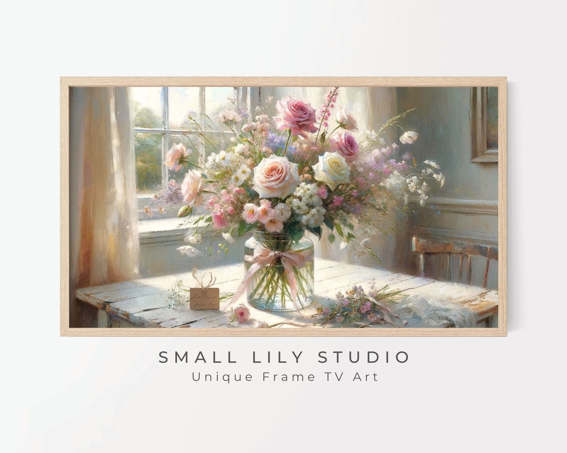 Soft Pink Roses Bouquet In Glass Vase Sunlit Window Still Life Poster - Image 2