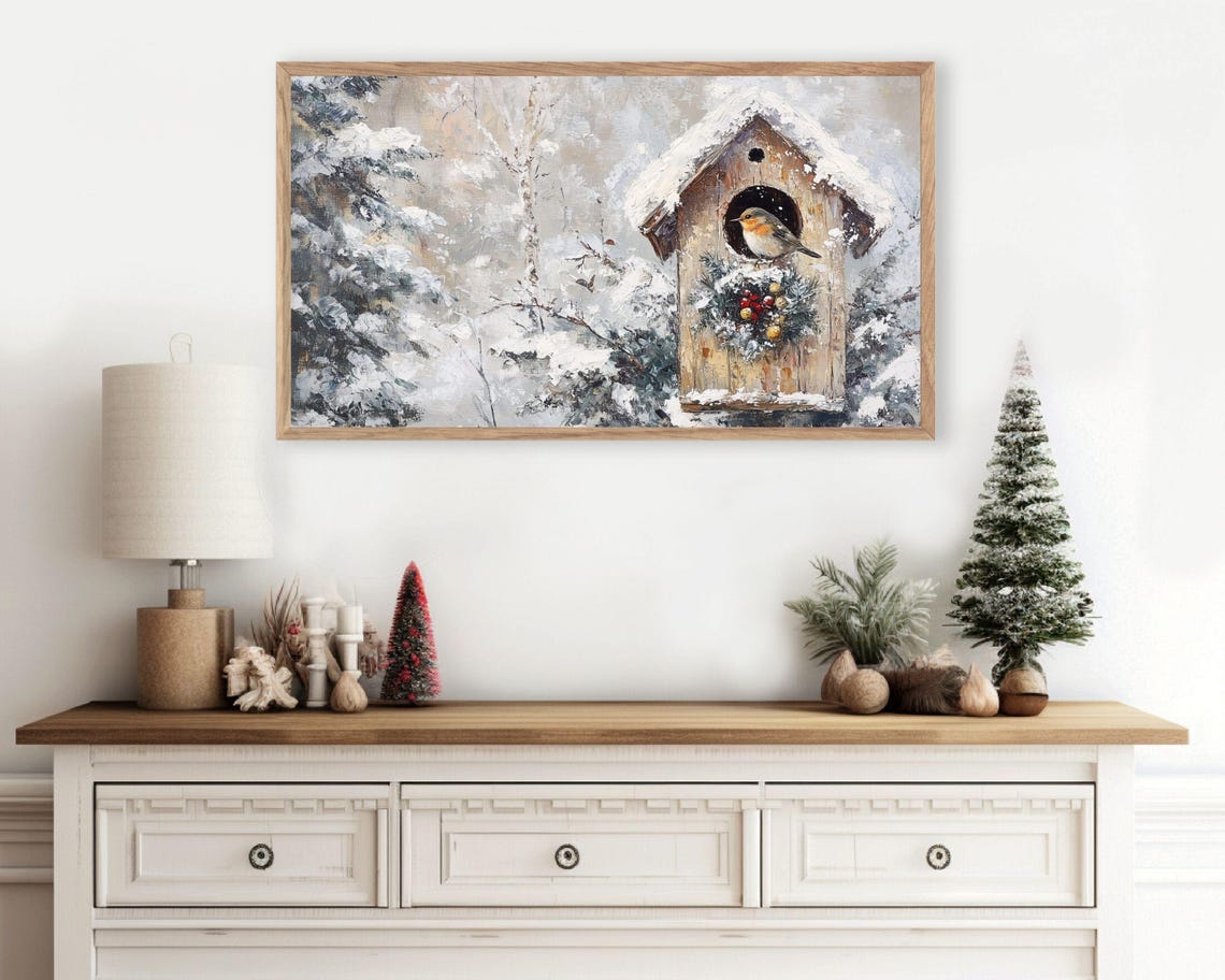 Frame Tv Art Christmas Birdhouse In Snow Neutral Winter Frame Tv Art Vintage Painting Style Cute Red Bird Picture For Kids Tv557 - Image 3